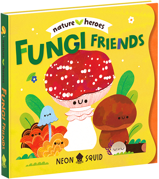 Colorful children's book cover titled "Fungi Friends" with smiling cartoon mushrooms on a bright yellow background.