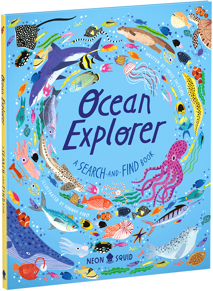 A colorful children’s book cover titled "Ocean Explorer" with various illustrated sea creatures on a blue background.