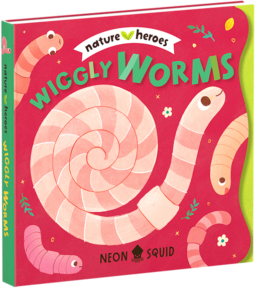 A colorful children’s book titled "Wiggly Worms" with smiling worms on a red background.