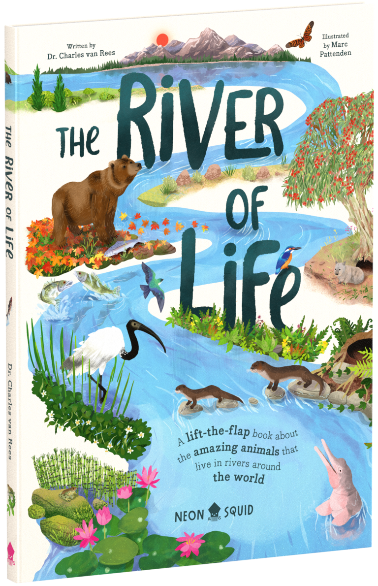 Book cover showing various animals and plants in and around a river, with the title "The River of Life.