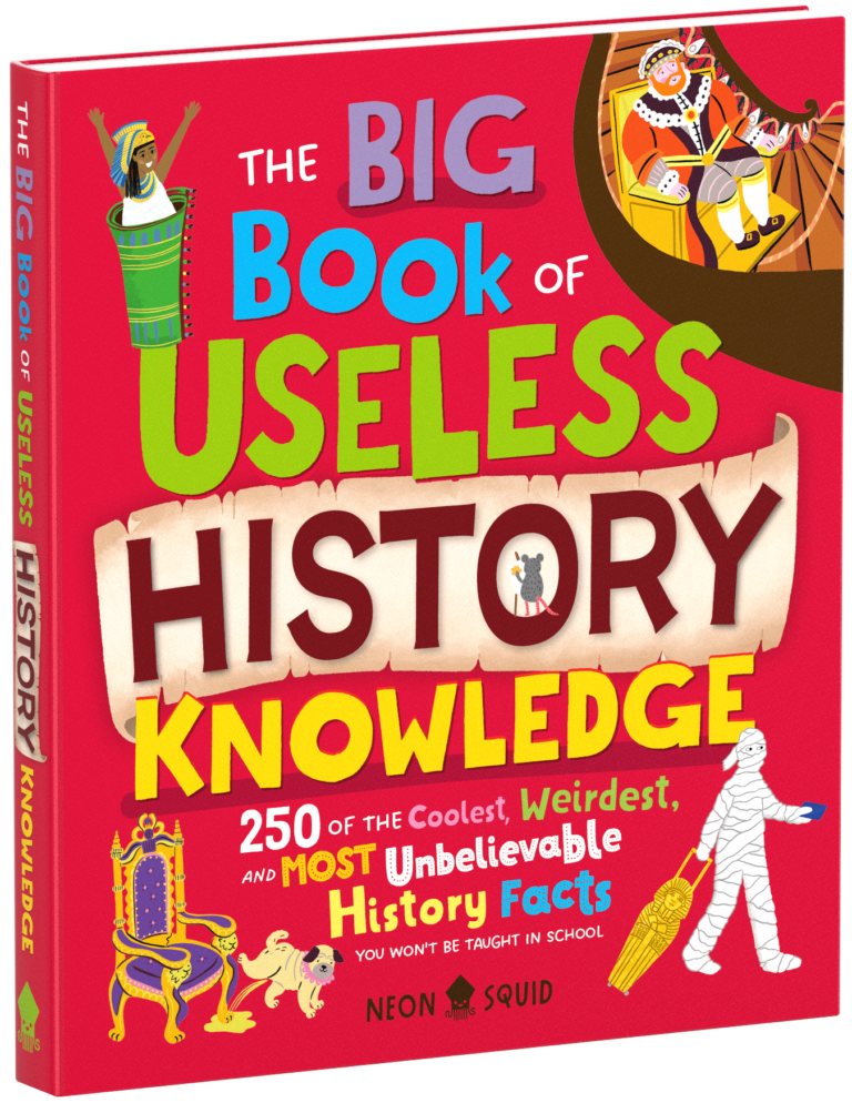 Book cover of "The Big Book of Useless History Knowledge" with quirky illustrations and bold, colorful text.