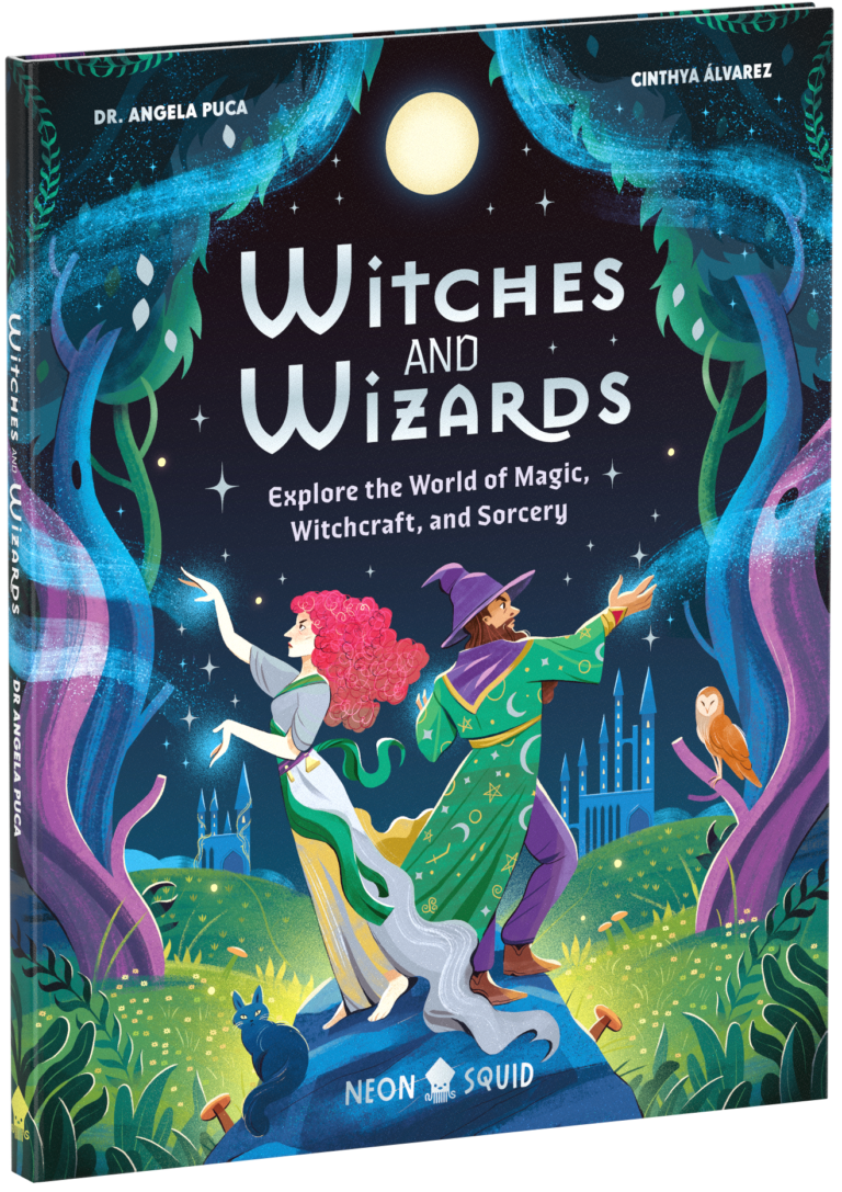 Book cover of "Witches and Wizards" with a witch and wizard casting spells in a magical forest at night.