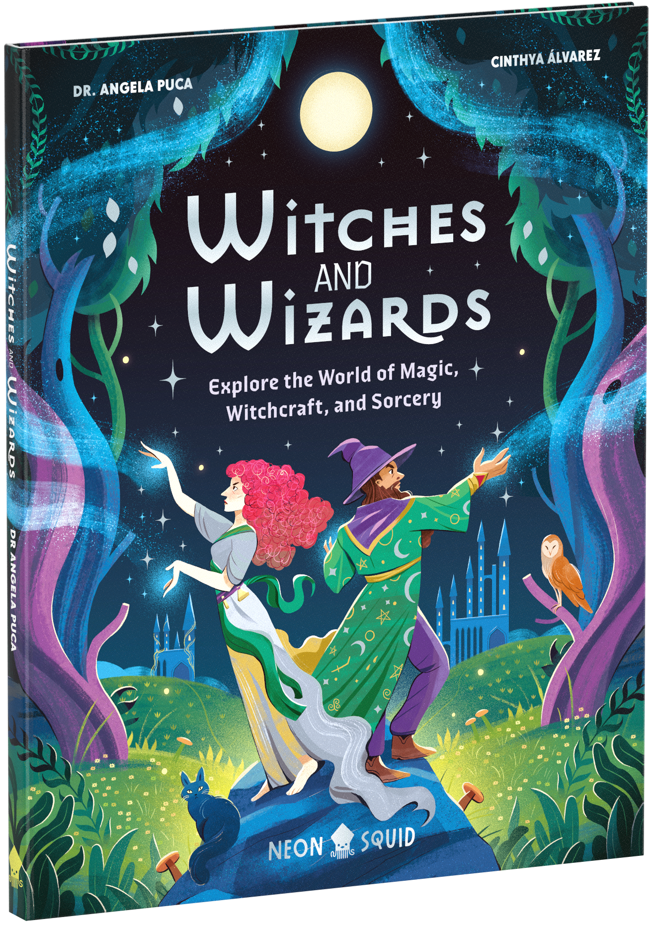 Book cover of "Witches and Wizards" with a witch and wizard casting spells in a magical forest at night.